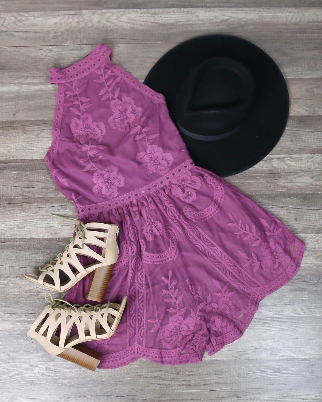 Sleepless & Sleeveless Halter Neck Mesh Lace Romper in Mauve