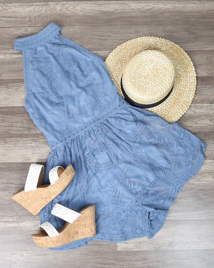 Sleepless & Sleeveless Halter Neck Mesh Lace Romper in Dusty Blue