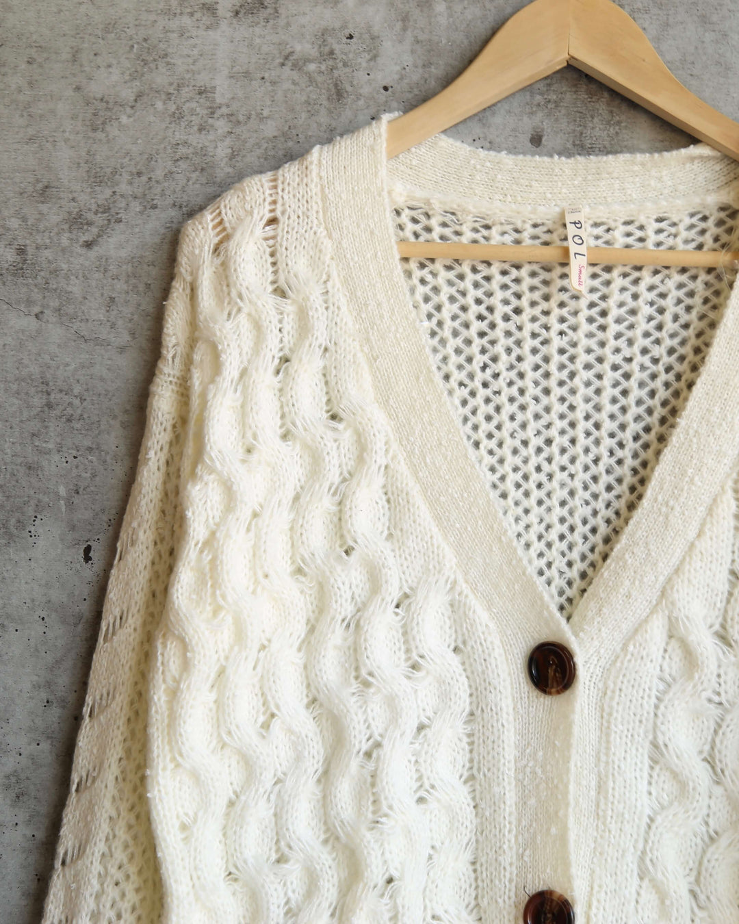 Final Sale - Oversized Cable-Knit Cardigan with Lace Trim in Ivory