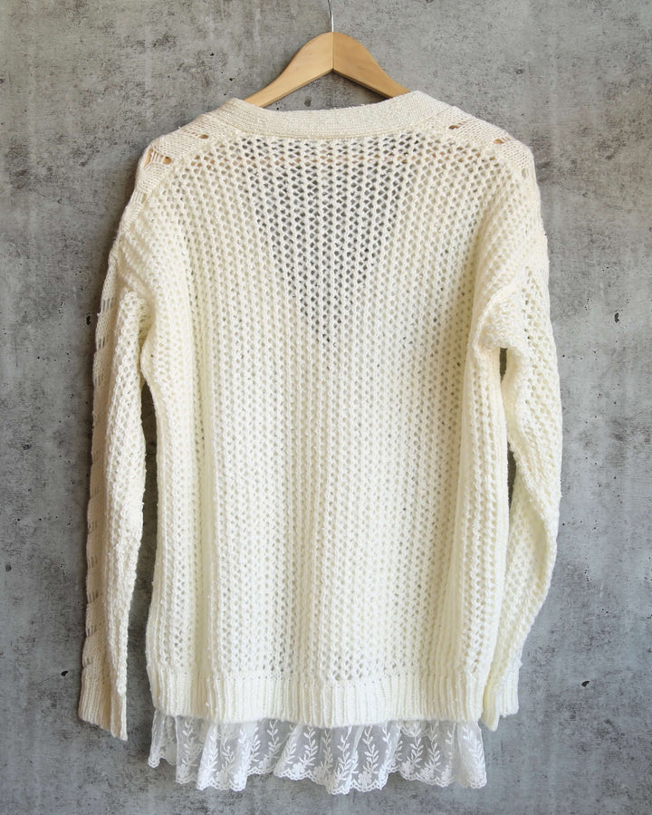 Final Sale - Oversized Cable-Knit Cardigan with Lace Trim in Ivory