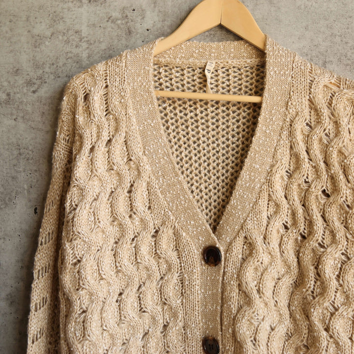 Final Sale - POL Oversize Cable Knit Cardigan with Lace Trim - Tan