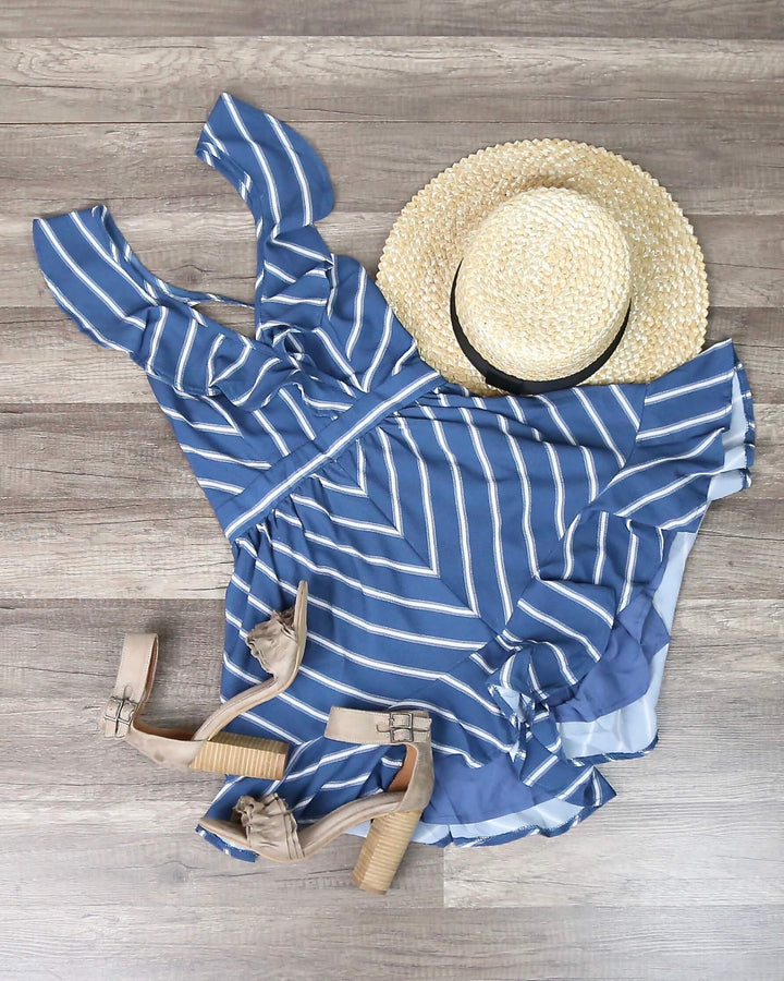 Natalia Stripe It Your Way Open Back Ruffle Romper in Blue/White