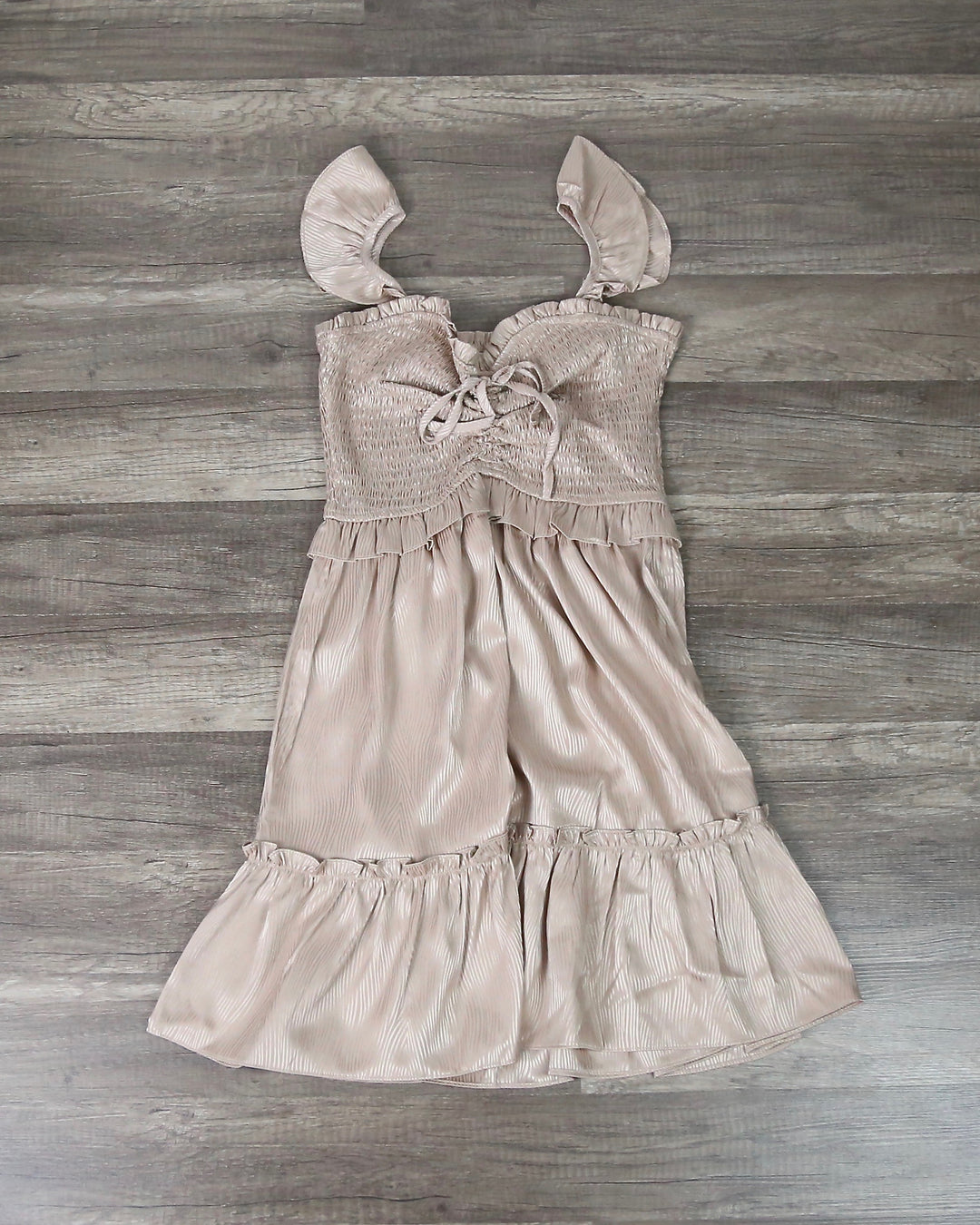 Satin Heart Neckline Smocked Bodice Mini Dress in Champagne