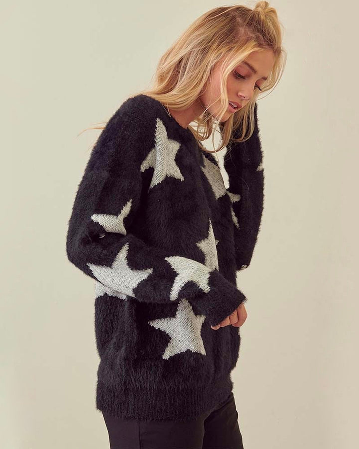 Starry Night Star Patterned Fuzzy Sweater in Black