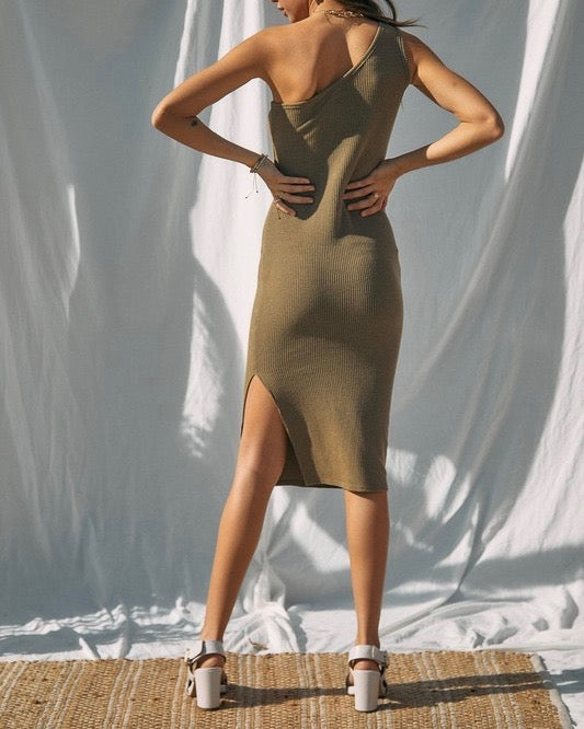 Ribbed One Shoulder Slit Detail Midi Dress in Dusty Olive