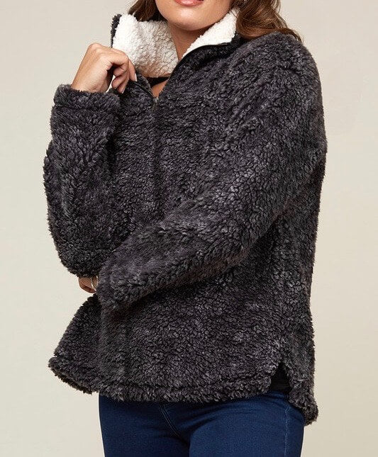 Final Sale - Two Tone Sherpa Half-Zip Pullover - Charcoal