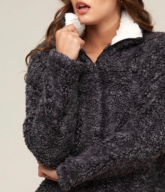 Final Sale - Two Tone Sherpa Half-Zip Pullover - Charcoal