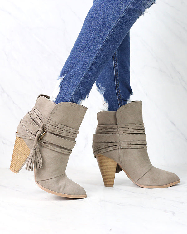 Kara Tassel Heeled Booties in Taupe