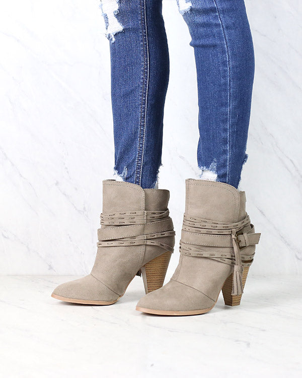 Kara Tassel Heeled Booties in Taupe