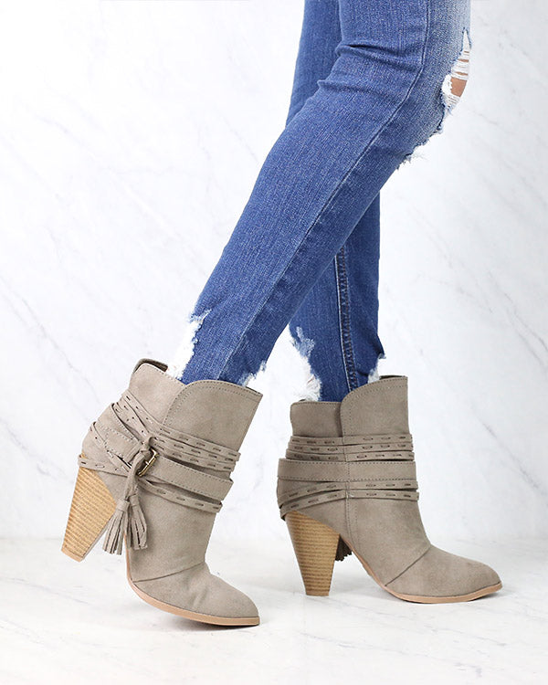 Kara Tassel Heeled Booties in Taupe