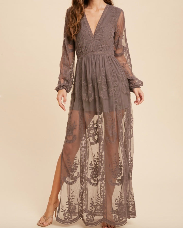 As You Wish Balloon Long Sleeve Embroidered Maxi Dress in More Colors