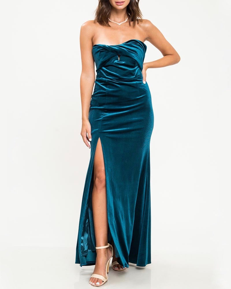 Final Sale - Twist Front Strapless Velvet Maxi Dress with Thigh High S ...