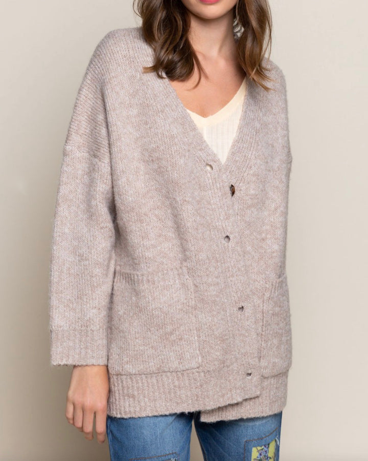 Ophelia Oversized Button Front Knit Cardigan in Wheat Grain