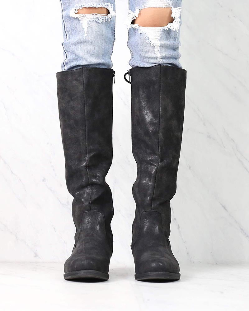 Laced Up Weathered Riding Boots in Black