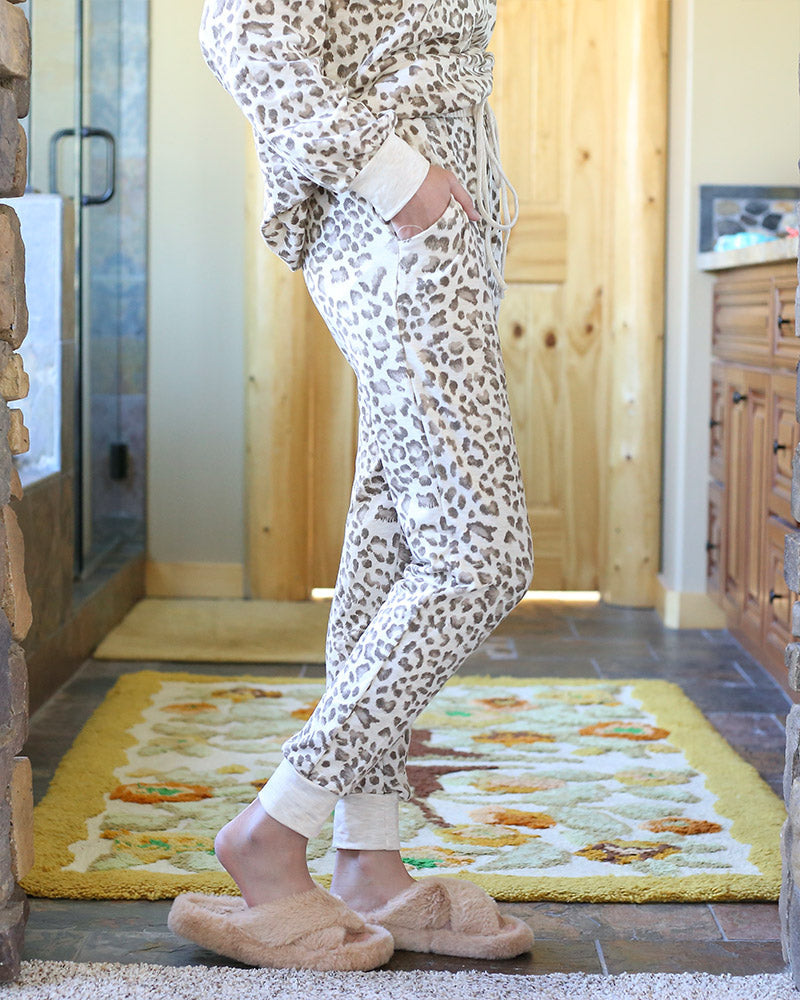 Leopard French Terry Lounge Wear Top and Bottoms Separate in Taupe