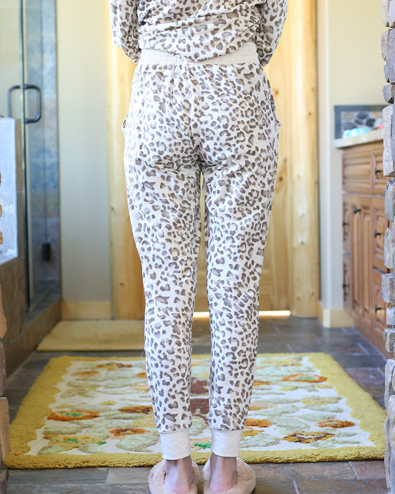 Leopard French Terry Lounge Wear Top and Bottoms Separate in Taupe