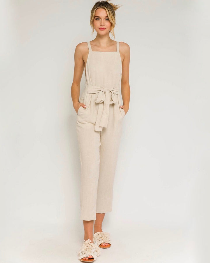 Linen Blend Waist Tie Jumpsuit in Natural