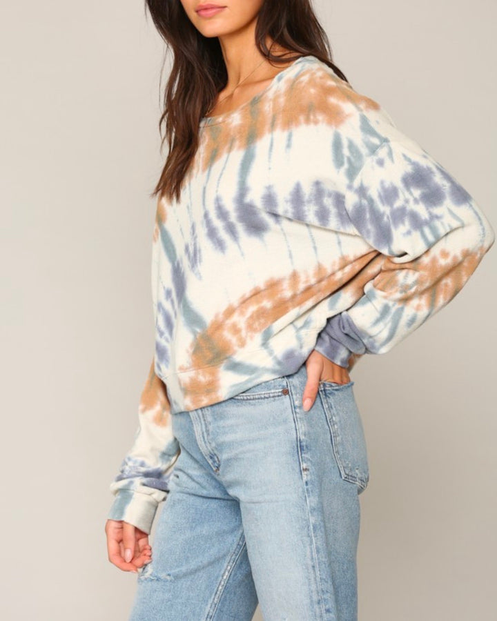 Long Sleeve Knit Poly Cotton Jersey Tie Dye Top in Khaki/Lavender