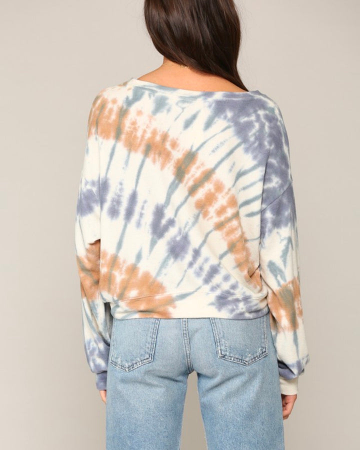 Long Sleeve Knit Poly Cotton Jersey Tie Dye Top in Khaki/Lavender