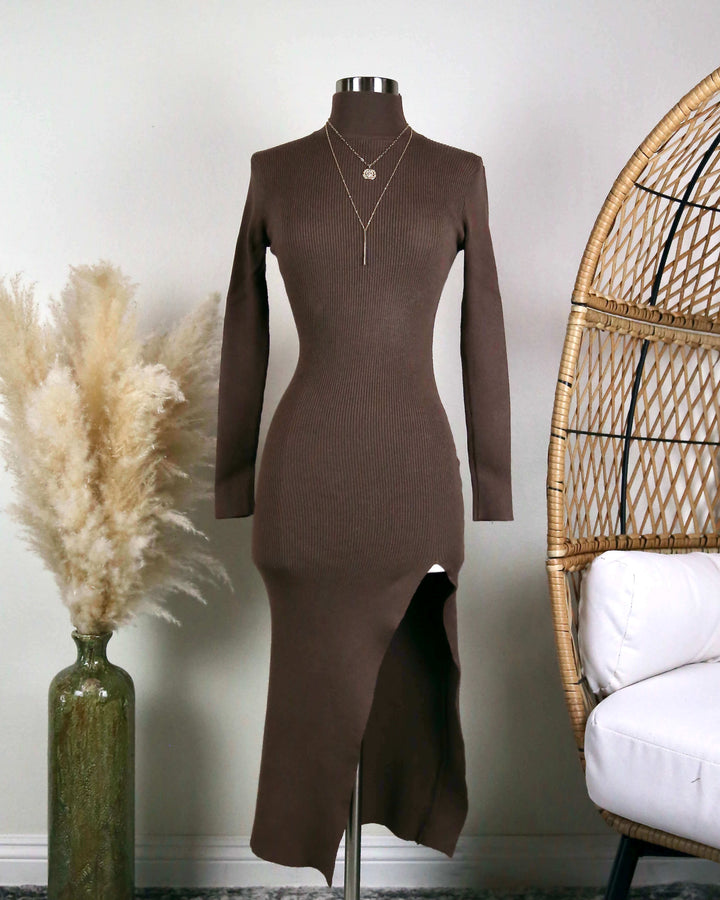 mock neck - midi dress - knit - sweater dress - long sleeve - ribbed - bodycon - side slit - brown