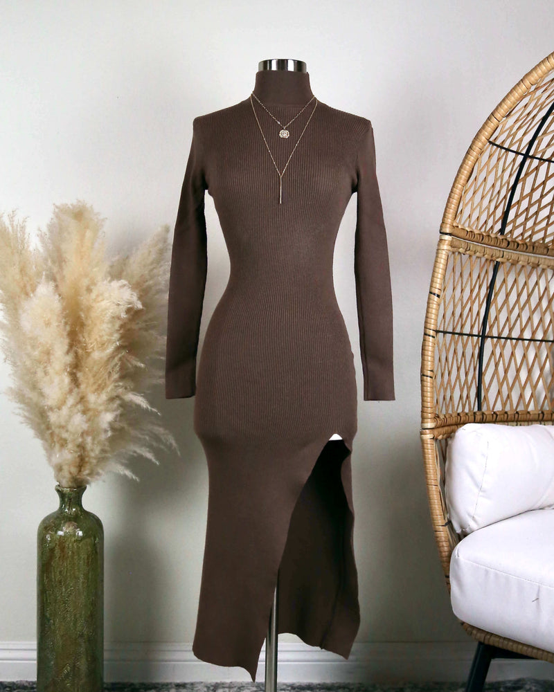 Long Sleeve Ribbed Bodycon Midi Dress With Side Slit in Brown – Shop Hearts