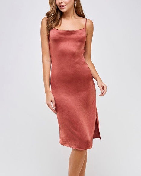 Madeline Midi Satin Slip Dress in Rust