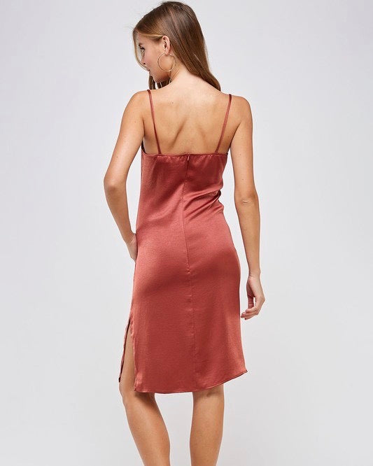 Madeline Midi Satin Slip Dress in Rust