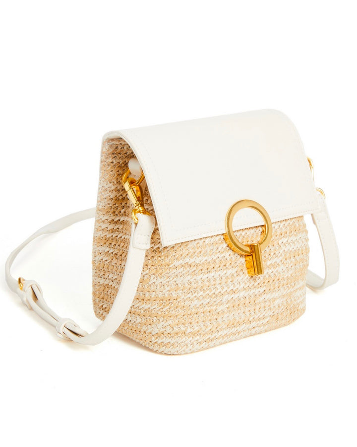 Laura Vegan Leather Mini Straw Crossbody Hand Bag Purse in Ivory