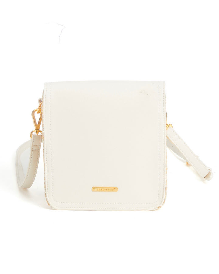 Laura Vegan Leather Mini Straw Crossbody Hand Bag Purse in Ivory