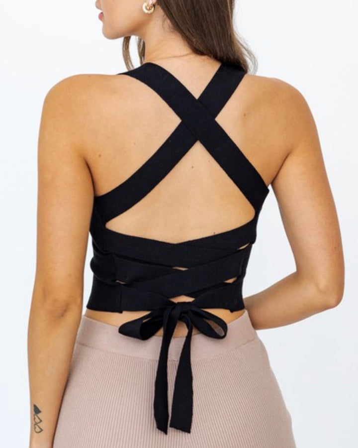 crop top - lace up top - criss cross back - corset lace up - black