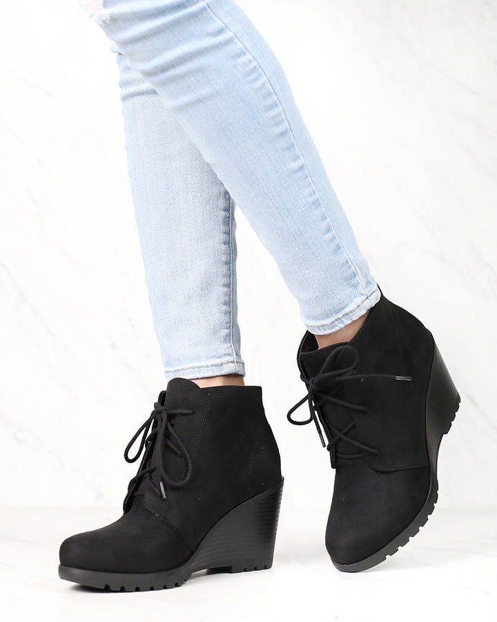 Not So Far Fetched Lace-Up Wedge Ankle Booties in Black