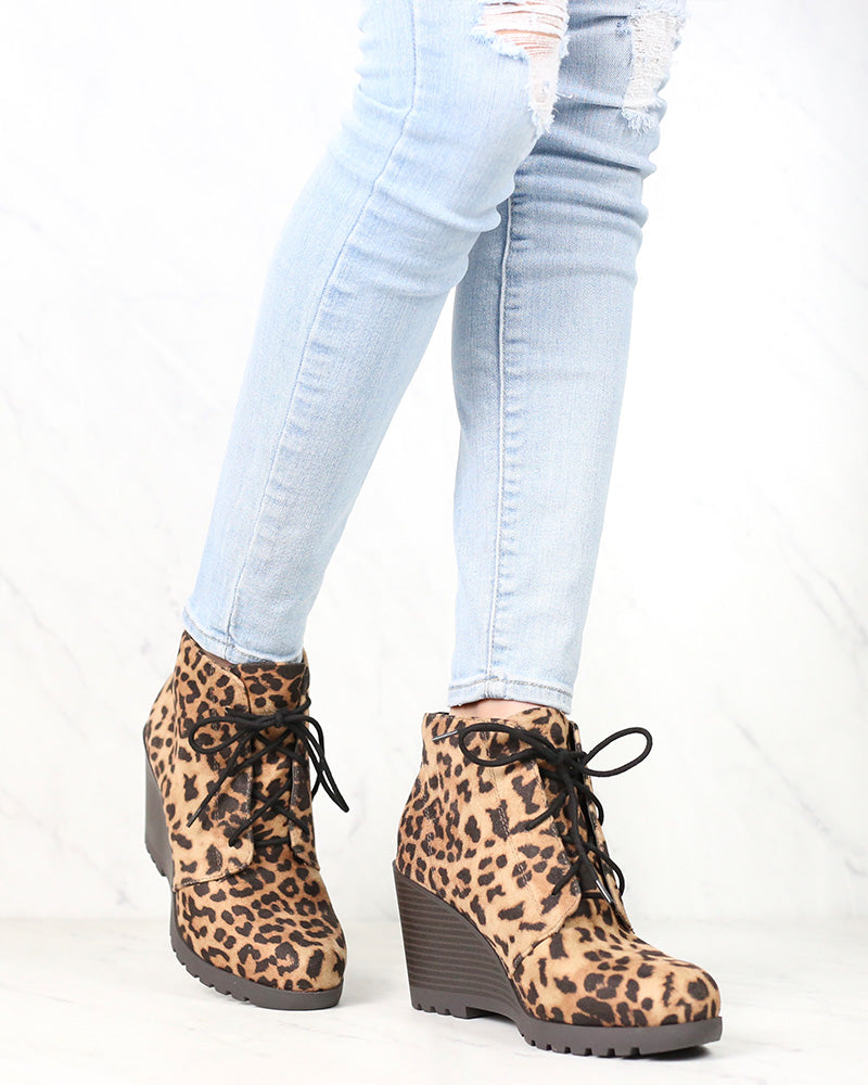 Not So Far Fetched Lace-Up Wedge Ankle Booties in Camel Leopard