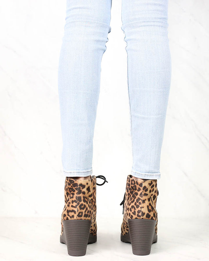 Not So Far Fetched Lace-Up Wedge Ankle Booties in Camel Leopard