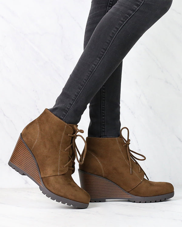 Not So Far Fetched Lace-Up Wedge Ankle Booties in Oak