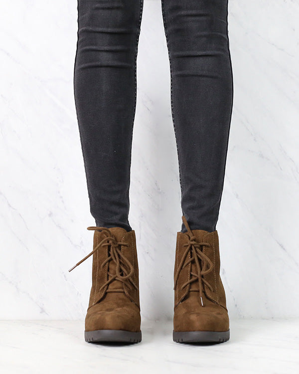 Not So Far Fetched Lace-Up Wedge Ankle Booties in Oak