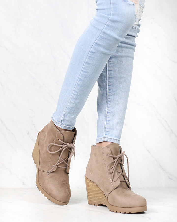 Not So Far Fetched Lace-Up Wedge Ankle Booties in Taupe