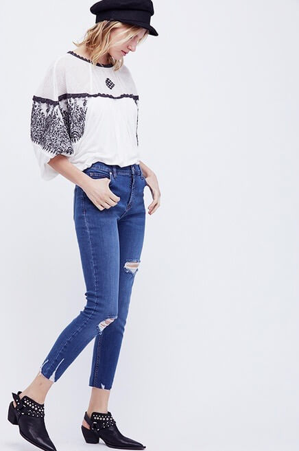 Free People - Shark Bite Raw-Hem Ripped Crop Skinny Jeans in Blue Sh/Blue