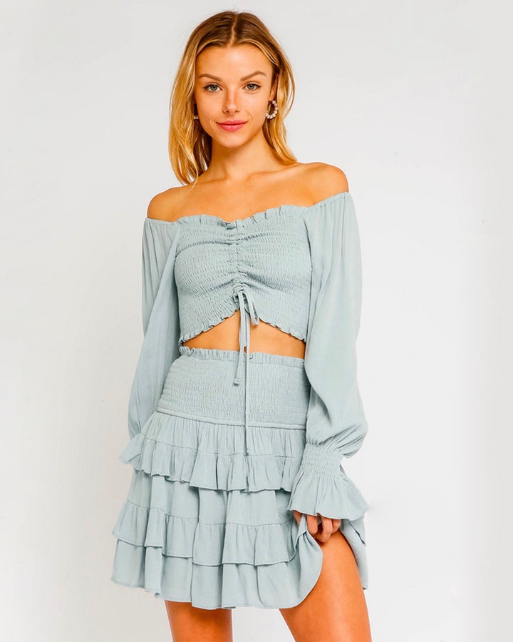 Off-The-Shoulder Ruched Smocked Crop Top in Storm