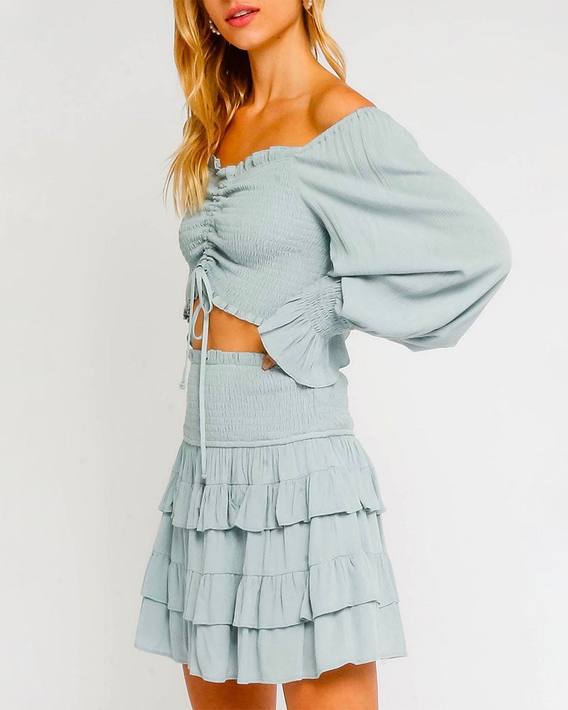 Off-The-Shoulder Ruched Smocked Crop Top in Storm