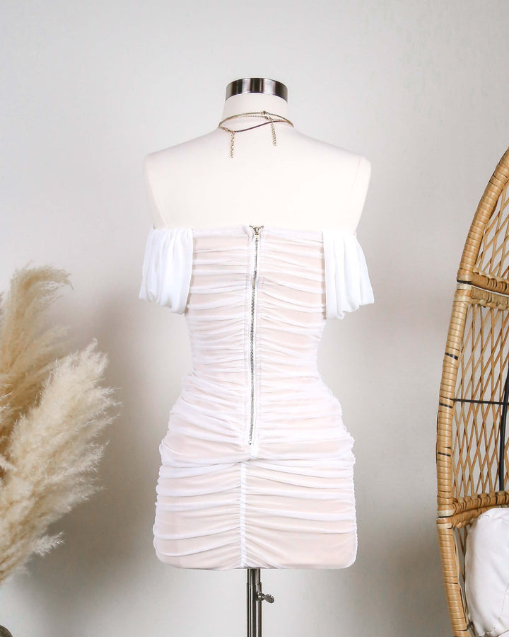 On The Line Ruched Strapless Mini Mesh Dress in White