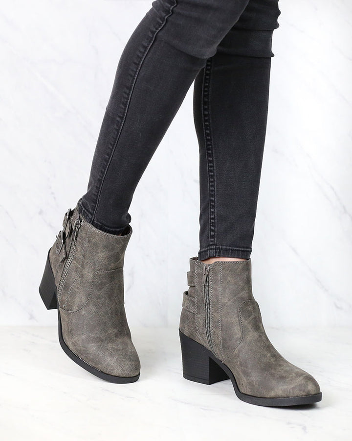 One More Dance Faux Leather Ankle Bootie with Buckle Detail in Grey