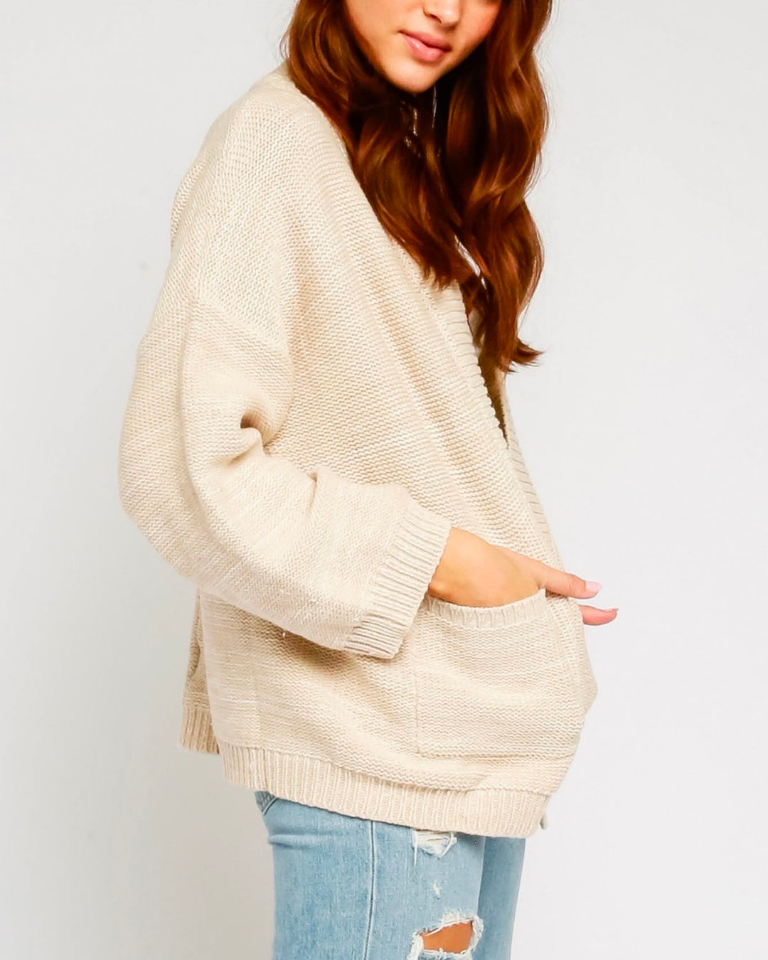 Open Knit Cardigan with Pockets and Fluted Sleeves in Oatmeal