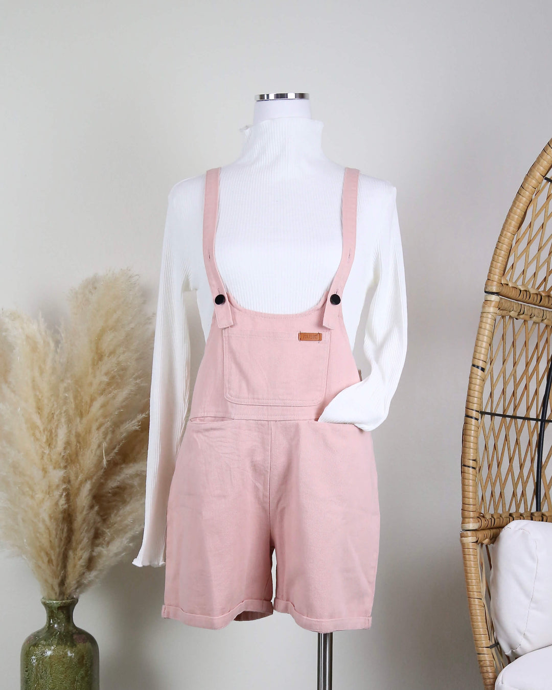 Over It Shortall Overalls in Pink Denim