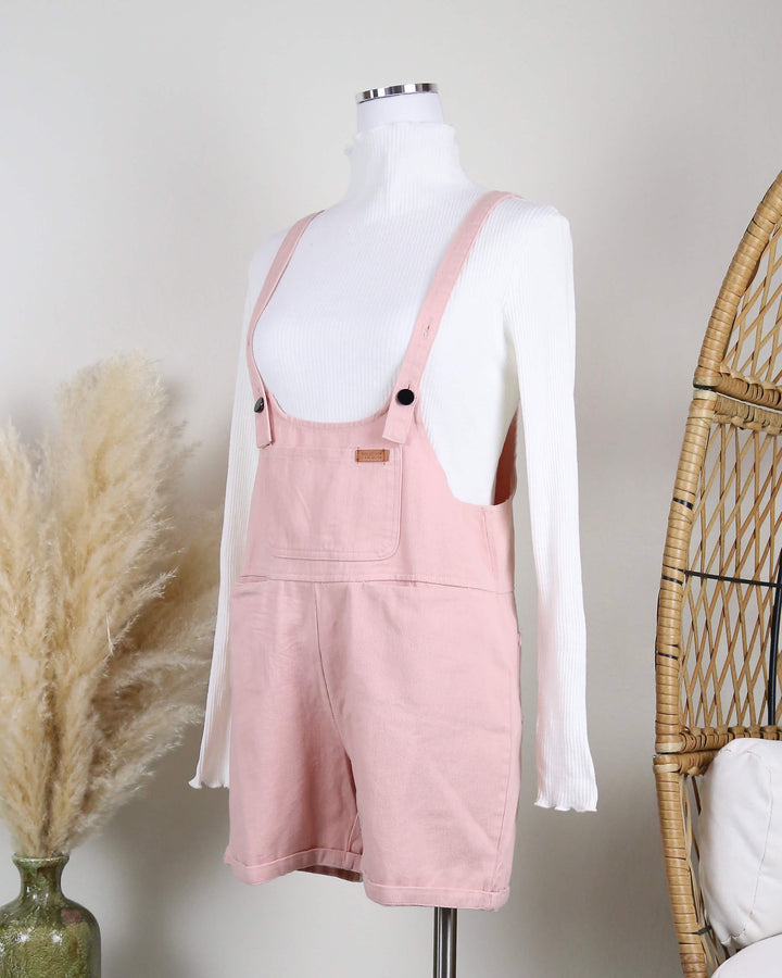 Over It Shortall Overalls in Pink Denim