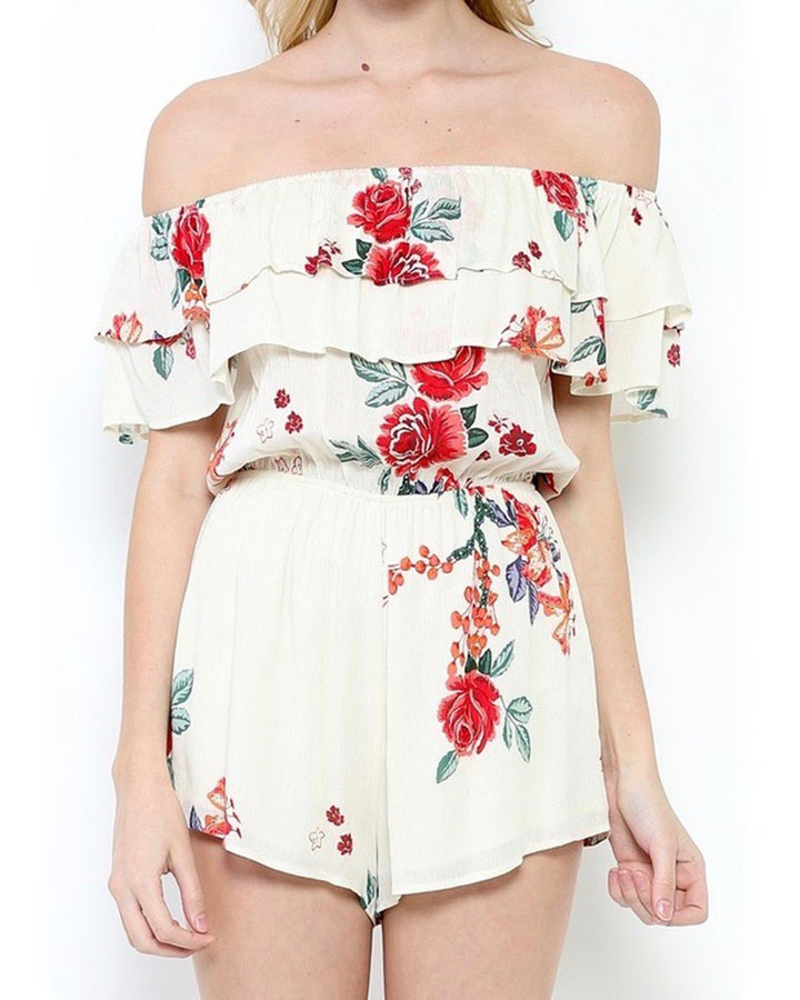 Final Sale - Slow Down - Off The Shoulder Woven Floral Ruffled Romper - Beige