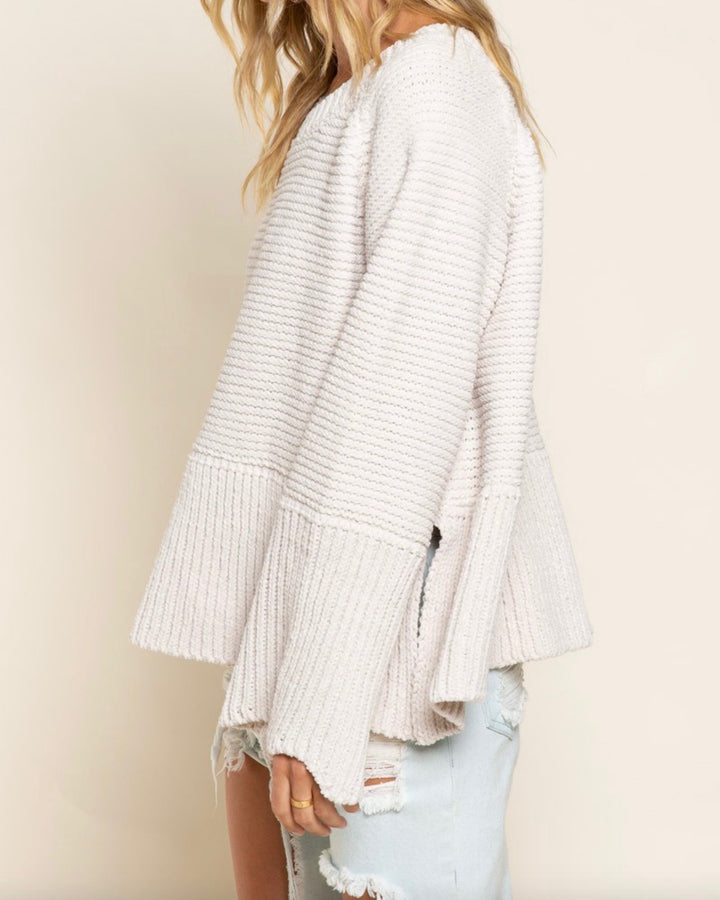 Relaxed Fit Scallop Edge Long Bell Sleeve Knit Sweater in Almond