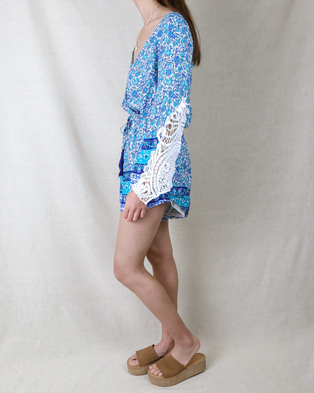 Reverse - Aqua Blue Boho Print Romper with Crochet Lace Bell Sleeves