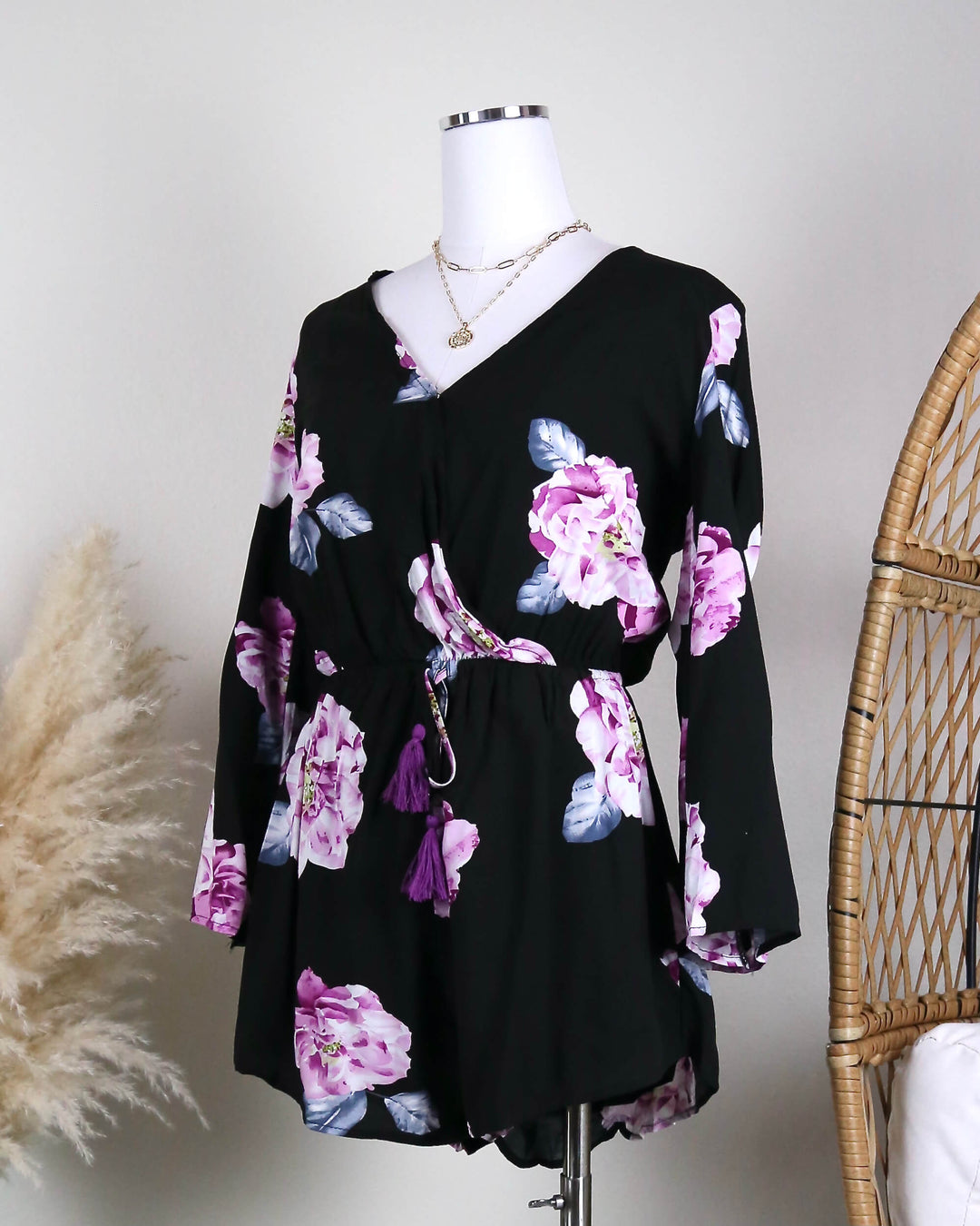 Reverse - Floral Print Black Surplice Romper