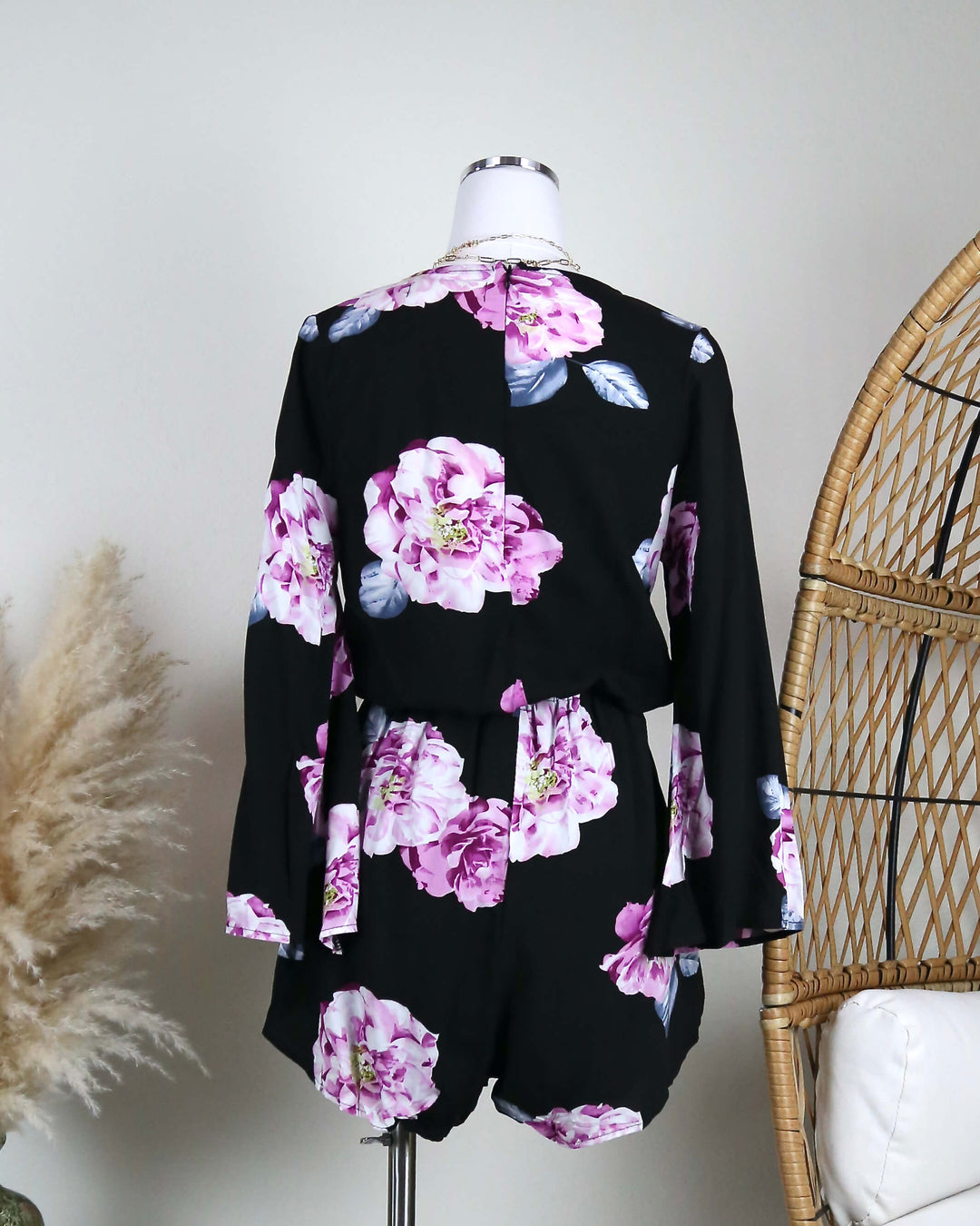 Reverse - Floral Print Black Surplice Romper