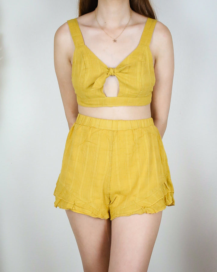 two piece set - linen - front tie - cut out - ruffle hem - reverse - mustard